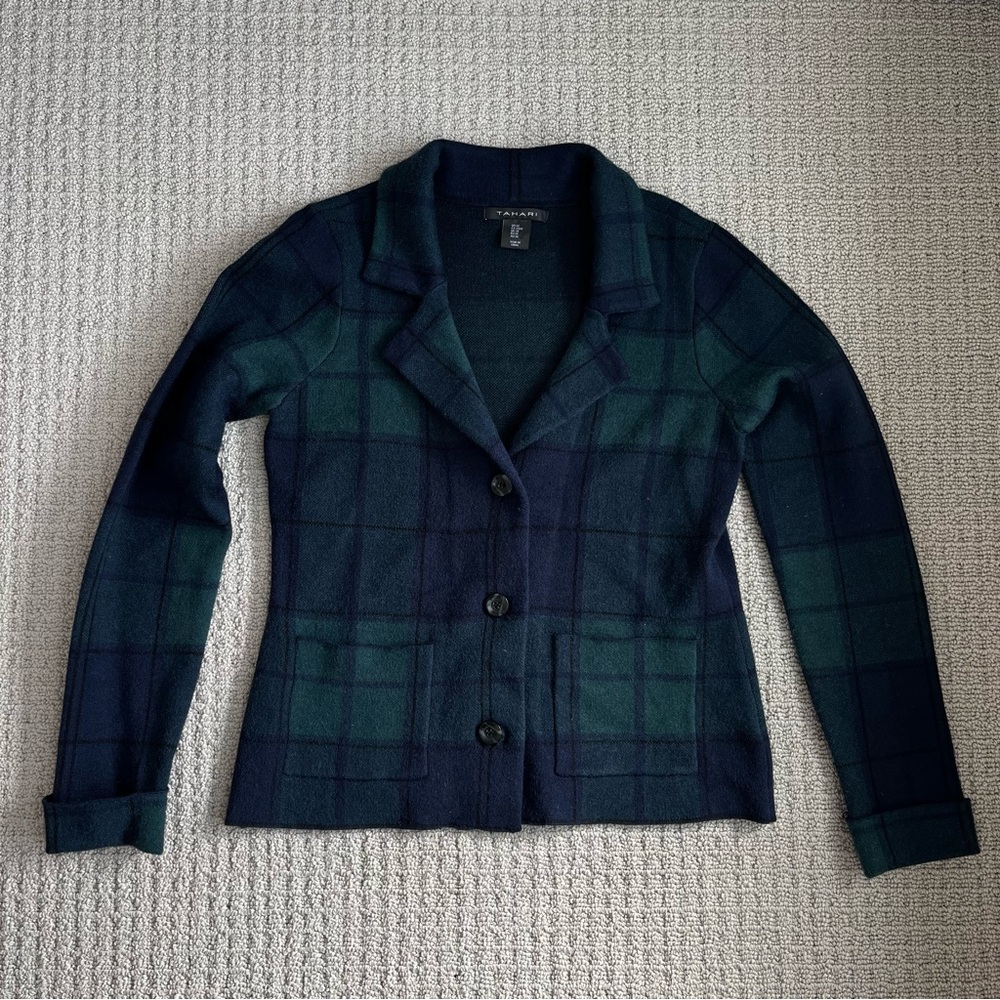 Tahari Navy and Green Plaid Blazer